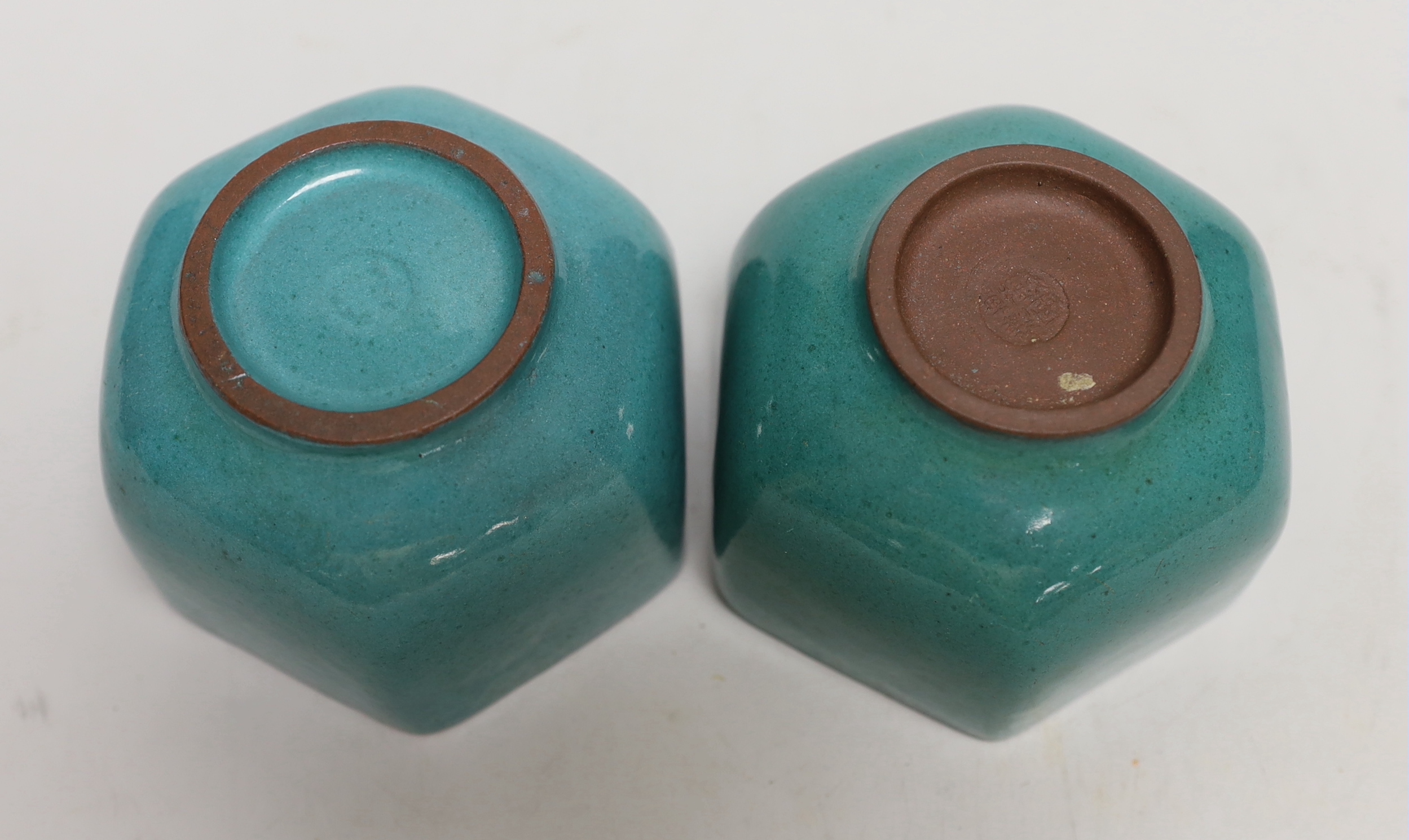 A pair of Chinese Yixing green glazed hexagonal bowls, 6.5cm